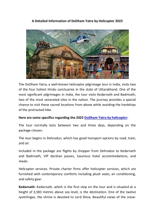 A Detailed Information of DoDham Yatra by Helicopter 2023