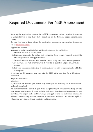 Required Documents For NER Assessment