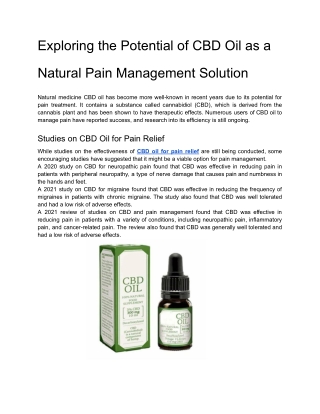 Exploring the Potential of CBD Oil as a Natural Pain Management Solution