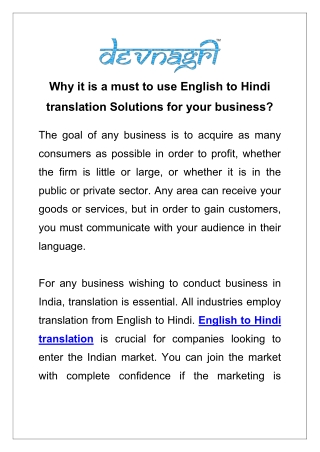Why it is a must to use English to Hindi translation Solutions for your business