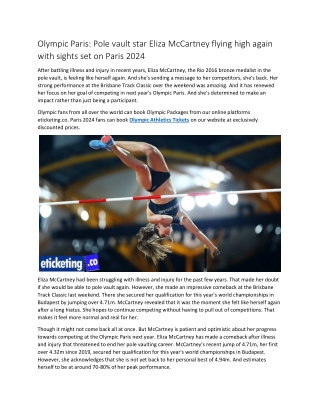 Olympic Paris Pole vault star Eliza McCartney flying high again with sights set on Paris 2024