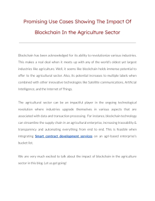 Promising Use Cases Showing The Impact Of Blockchain In the Agriculture Sector