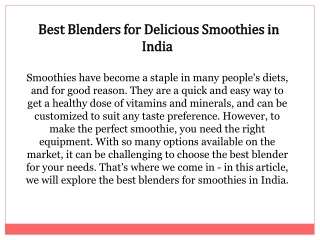 Best Blenders for Delicious Smoothies in India
