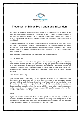 Treatment of Minor Eye Conditions in London