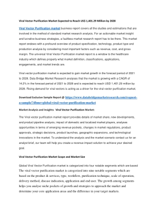 Viral Vector Purification Market Expected to Reach US 1,401.29 Million by 2028