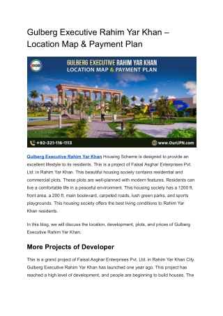 Gulberg Executive Rahim Yar Khan – Location Map & Payment Plan