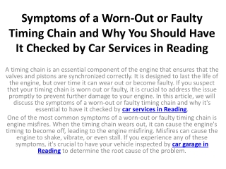 Symptoms of a Worn-Out or Faulty Timing Chain and Why You Should Have It Checked by Car Services in Reading