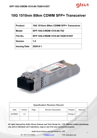 10G 1510nm 80km CDWM SFP  Transceiver