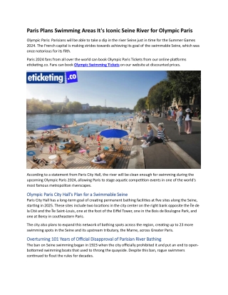 Paris Plans Swimming Areas It's Iconic Seine River for Olympic Paris