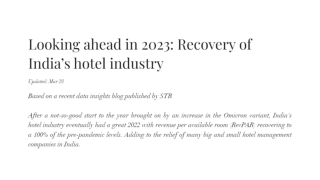 Looking ahead in 2023: Recovery of India’s hotel industry