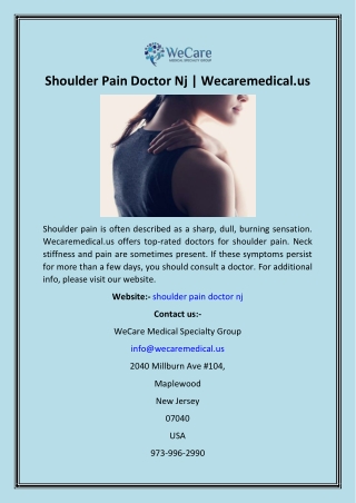 Shoulder Pain Doctor Nj  Wecaremedical.us