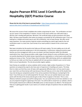 Aquire Pearson BTEC Level 3 Certificate in Hospitality (QCF) Practice Course