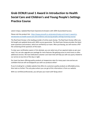 Grab OCNLR Level 1 Award in Introduction to Health Social Care and Children's and Young People's Settings Practice Cours