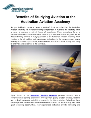 Benefits of Studying Aviation at the Australian Aviation Academy