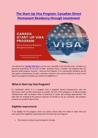 Start-Up Visa Program: Canadian Direct Permanent Residency through Investment
