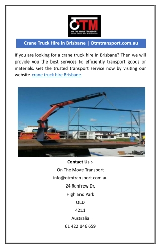 Crane Truck Hire in Brisbane | Otmtransport.com.au