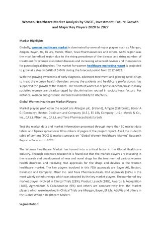 Women Healthcare Market Size, Key Strategies, Growth, Share, Application 2030