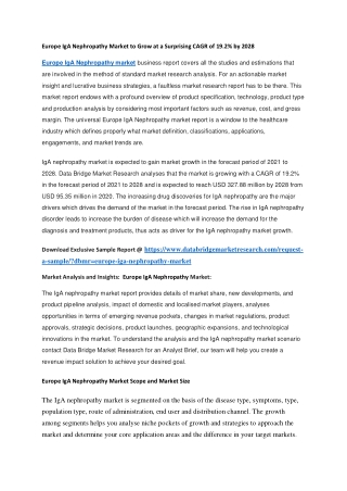 Europe IgA Nephropathy Market to Grow at a Surprising CAGR of 19.2 by 2028