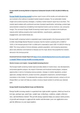 Europe Health Screening Market to Experience Substantial Growth of US 141,824.23 Million by 2028