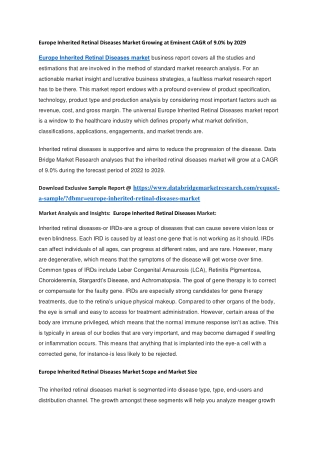 Europe Inherited Retinal Diseases Market Growing at Eminent CAGR of 9.0 by 2029