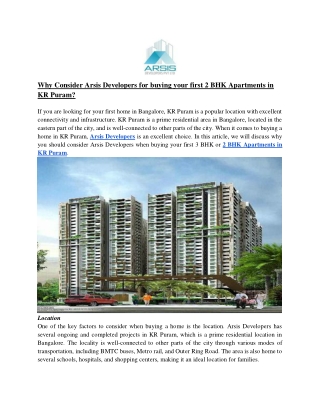 Why Consider Arsis Developers for buying your first 2 BHK Apartments in KR Puram_