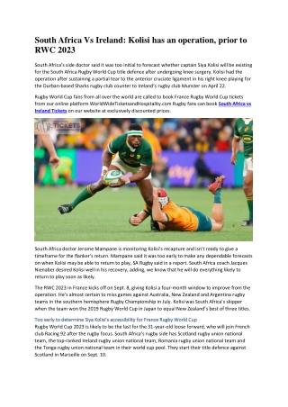 South Africa Vs Ireland: Kolisi has an operation, prior to RWC 2023