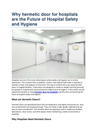 Why hermetic door for hospitals are the Future of Hospital Safety and Hygiene