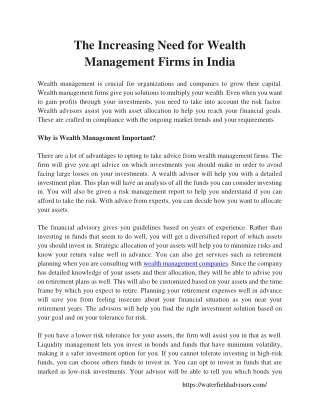 The Increasing Need for Wealth Management Firms in India