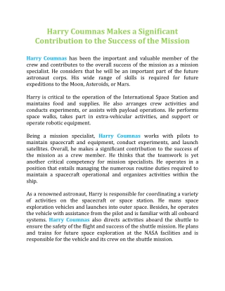 Harry Coumnas Makes a Significant Contribution to the Success of the Mission