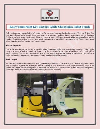 Know Important Key Factors While Choosing a Pallet Truck