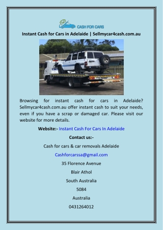 Instant Cash for Cars in Adelaide  Sellmycar4cash.com