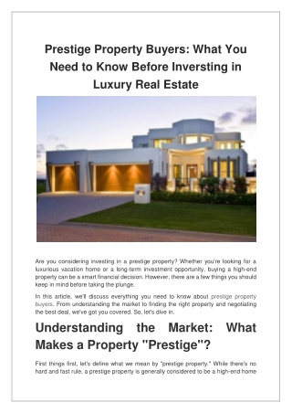 Prestige Property Buyers What You Need to Know Before Inversting in Luxury Real Estate