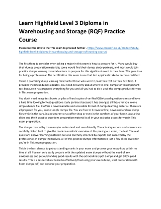 Learn Highfield Level 3 Diploma in Warehousing and Storage (RQF) Practice Course