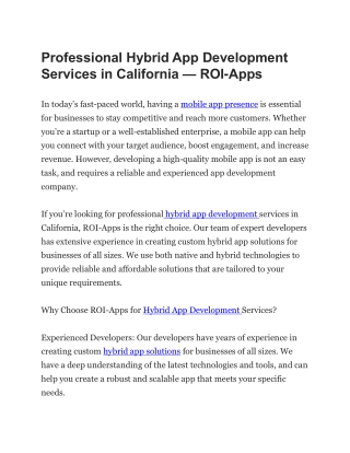 Professional Hybrid App Development Services in California ROI APPS