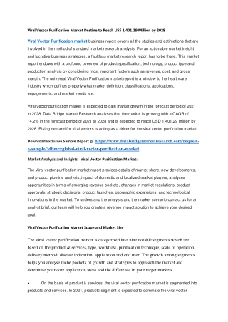 Viral Vector Purification Market Destine to Reach US 1,401.29 Million by 2028