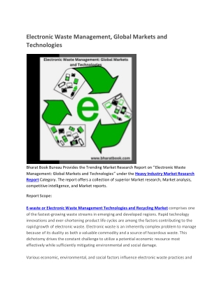 Electronic Waste Management, Global Markets and Technologies