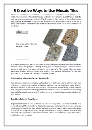 5 Creative Ways to Use Mosaic Tiles in Your Home
