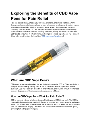 Exploring the Benefits of CBD Vape Pens for Pain Relief