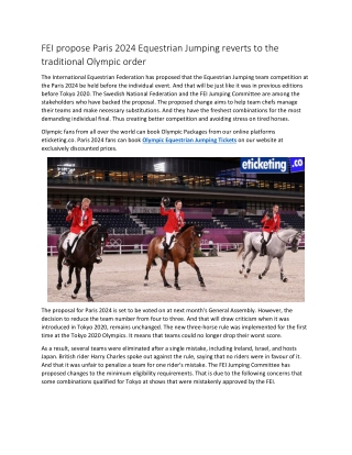 FEI propose Paris 2024 Equestrian Jumping reverts to the traditional Olympic order