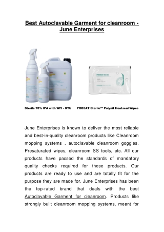 Best Autoclavable Garment for cleanroom - June Enterprises