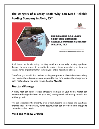 The Dangers of a Leaky Roof: Why You Need Reliable Roofing Company in Alvin, TX?