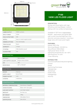 100W LED Flood Light 120º | Greenhse Technologies