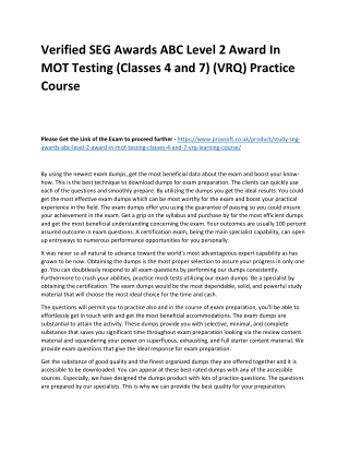 Verified SEG Awards ABC Level 2 Award In MOT Testing (Classes 4 and 7) (VRQ) Pra