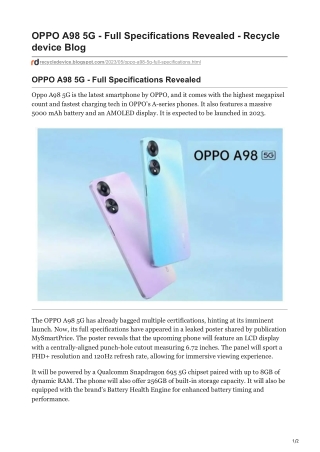 OPPO A98 5G - Full Specifications Revealed - Recycle device Blog