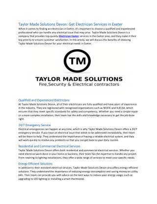 Taylor Made Solutions Devon Get Electrician Services in Exeter