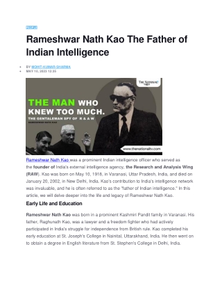 Rameshwar Nath Kao The Father of Indian Intelligence
