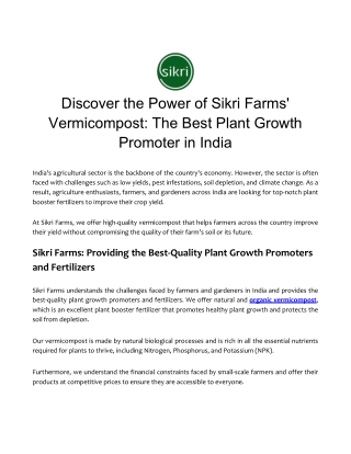 Discover the Power of Sikri Farms' Vermicompost The Best Plant Growth Promoter in India