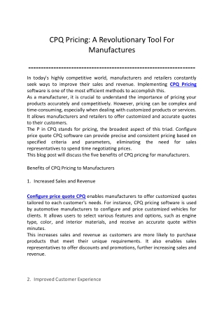 CPQ Pricing A Revolutionary Tool For Manufactures