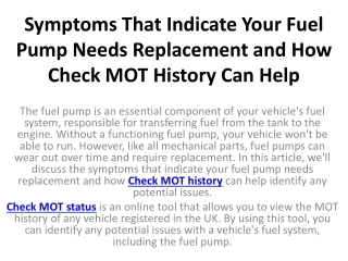 Symptoms That Indicate Your Fuel Pump Needs Replacement and How Check MOT History Can Help