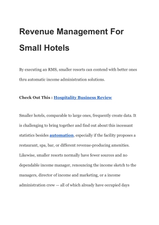 Revenue Management For Small Hotels